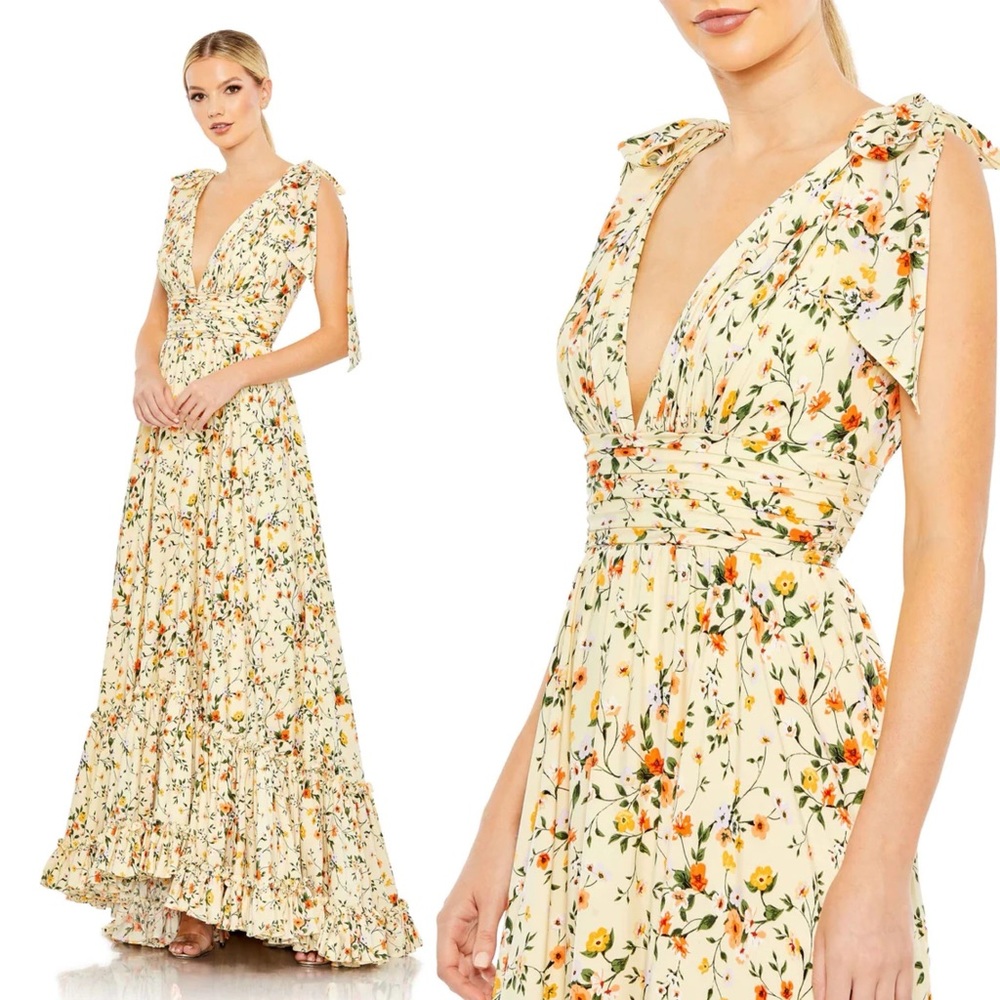 MAC DUGGAL 50657 Floral Print Soft Tie Sleeveless Tiered Gown Yellow Multi NEW